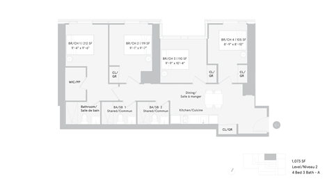Floor plan for 4 beds, 3 baths, 344 sqft
